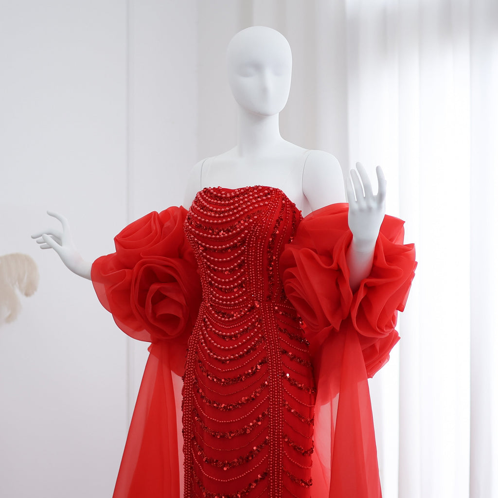 Luxury Pearl Red Evening Dress with 3D Flowers Cape SS585