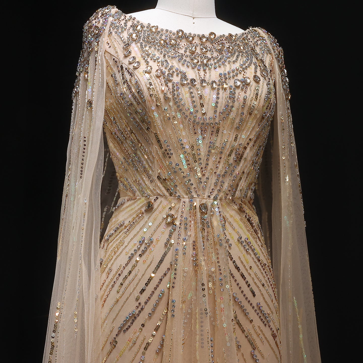 Luxury Crystal Lilac Evening Dress with Cape Sleeves SS549