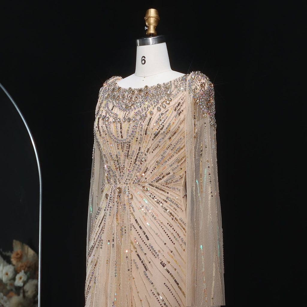 Luxury Crystal Lilac Evening Dress with Cape Sleeves SS549