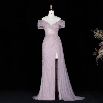 Luxury Champagne Sequin Off-the-Shoulder Evening Dress with High Slit SS007