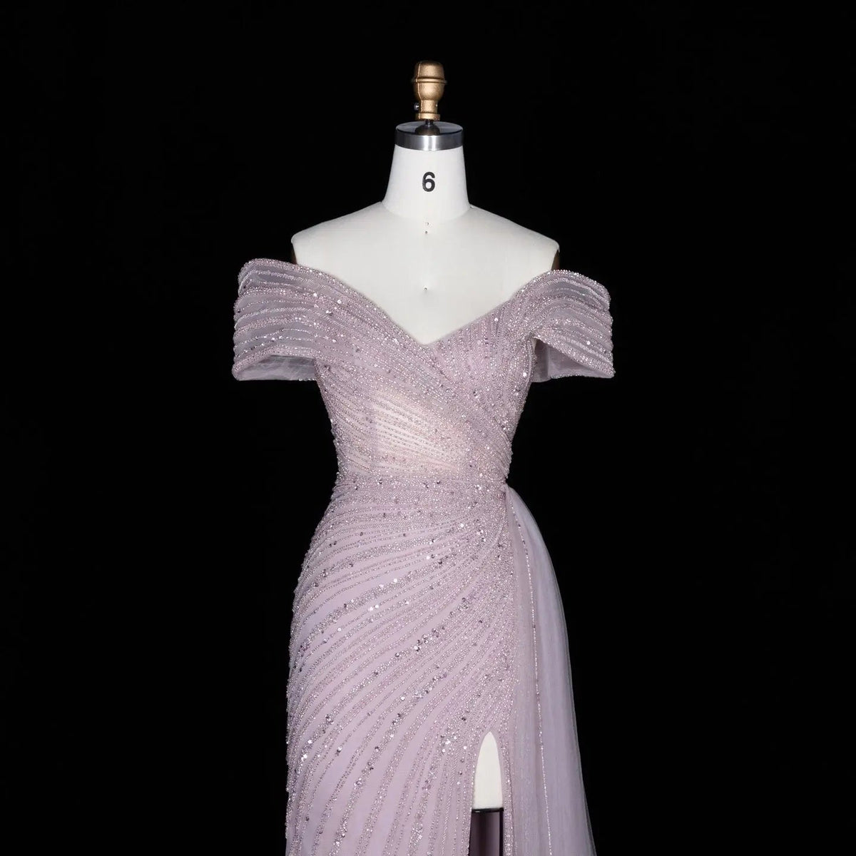 Luxury Champagne Sequin Off-the-Shoulder Evening Dress with High Slit SS007