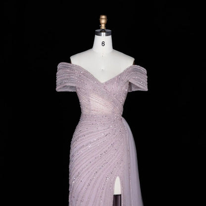Luxury Champagne Sequin Off-the-Shoulder Evening Dress with High Slit SS007