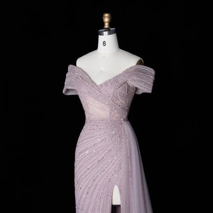 Luxury Champagne Sequin Off-the-Shoulder Evening Dress with High Slit SS007