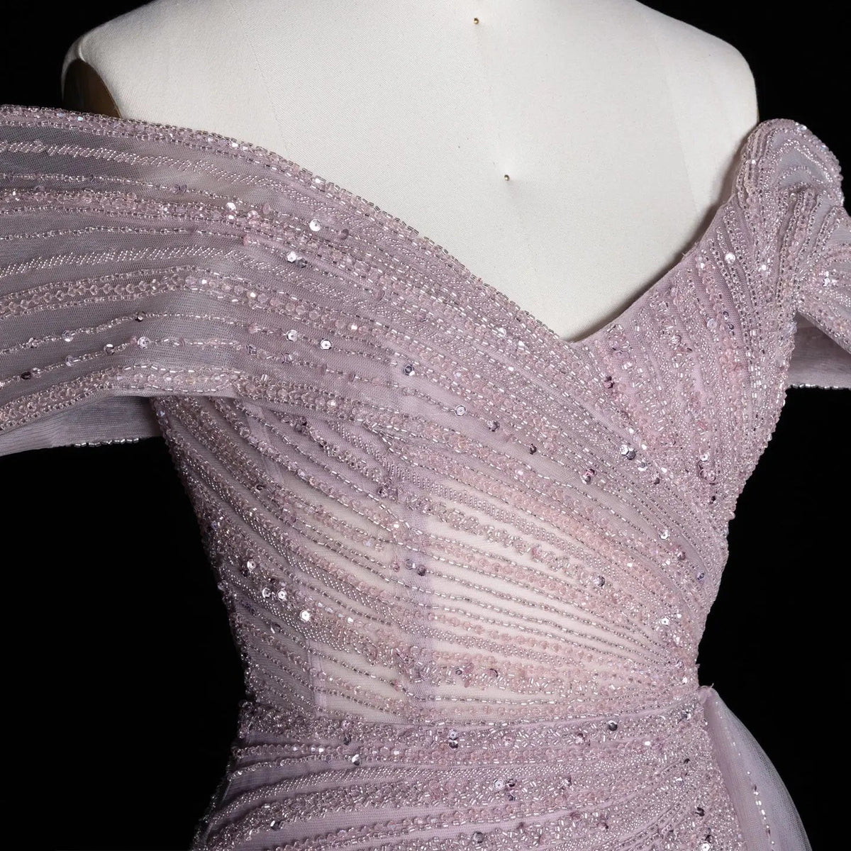 Luxury Champagne Sequin Off-the-Shoulder Evening Dress with High Slit SS007