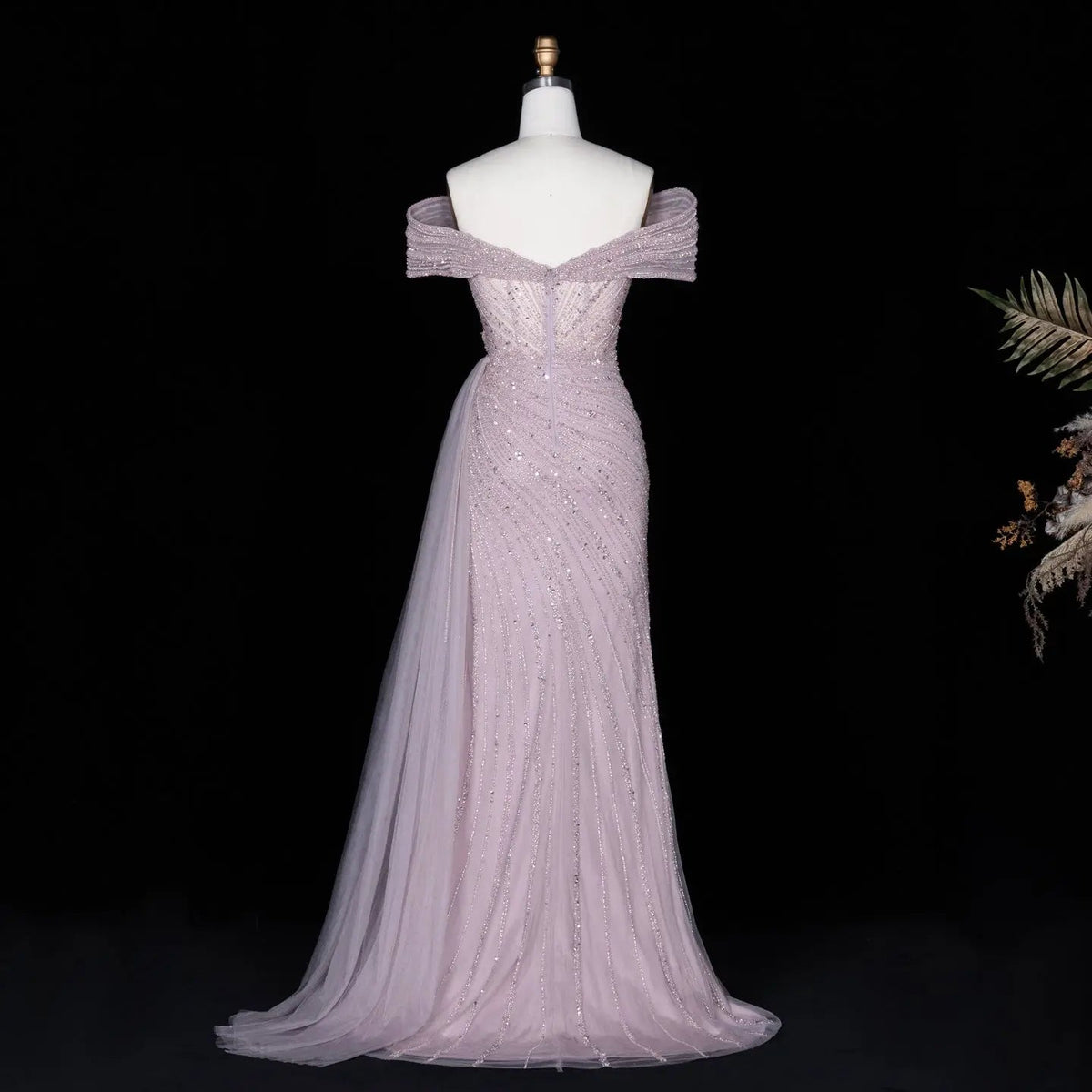 Luxury Champagne Sequin Off-the-Shoulder Evening Dress with High Slit SS007