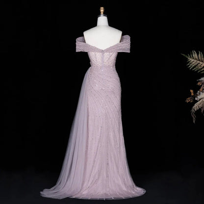 Luxury Champagne Sequin Off-the-Shoulder Evening Dress with High Slit SS007