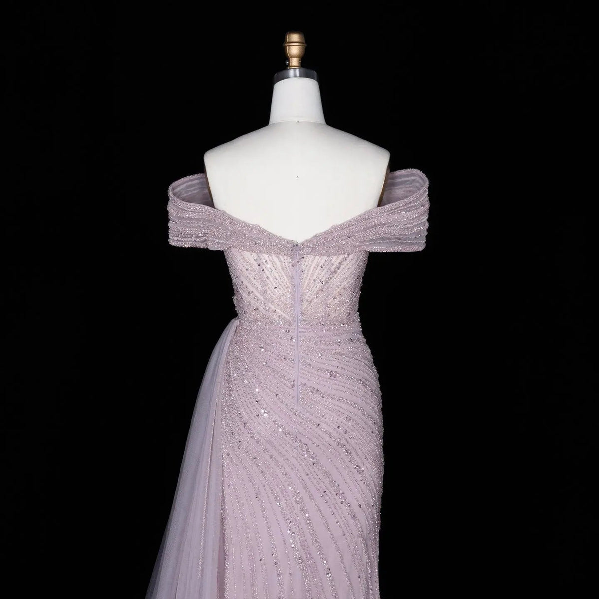 Luxury Champagne Sequin Off-the-Shoulder Evening Dress with High Slit SS007