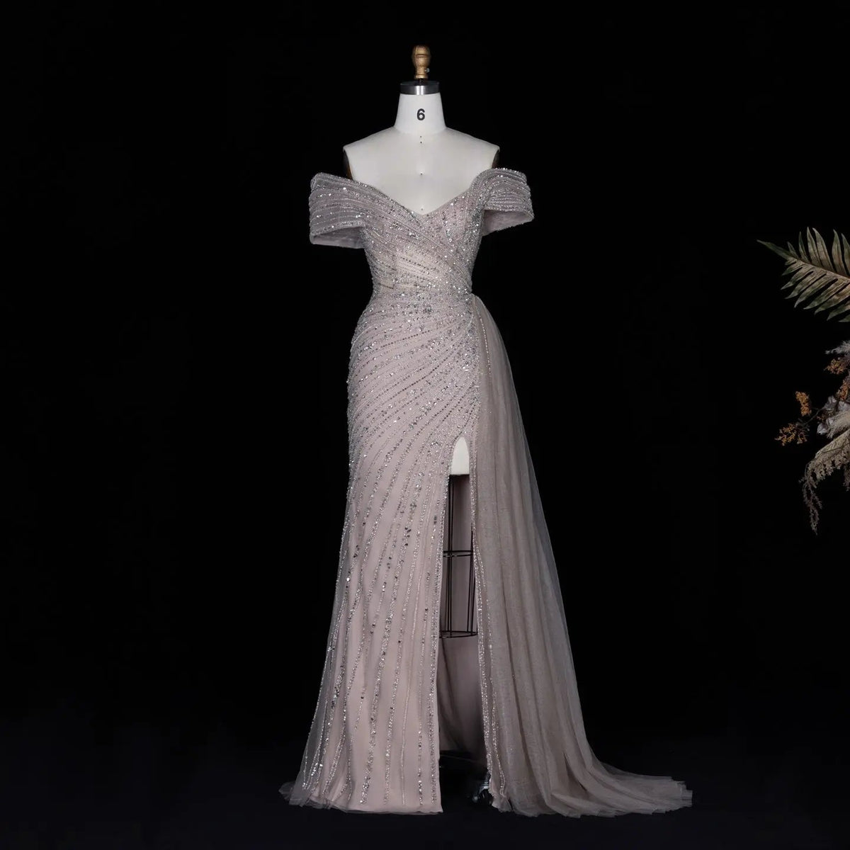 Luxury Champagne Sequin Off-the-Shoulder Evening Dress with High Slit SS007