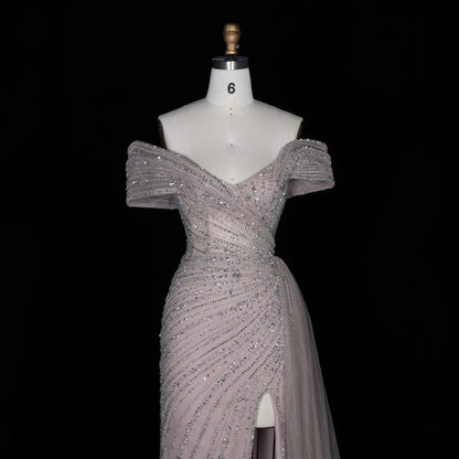 Luxury Champagne Sequin Off-the-Shoulder Evening Dress with High Slit SS007