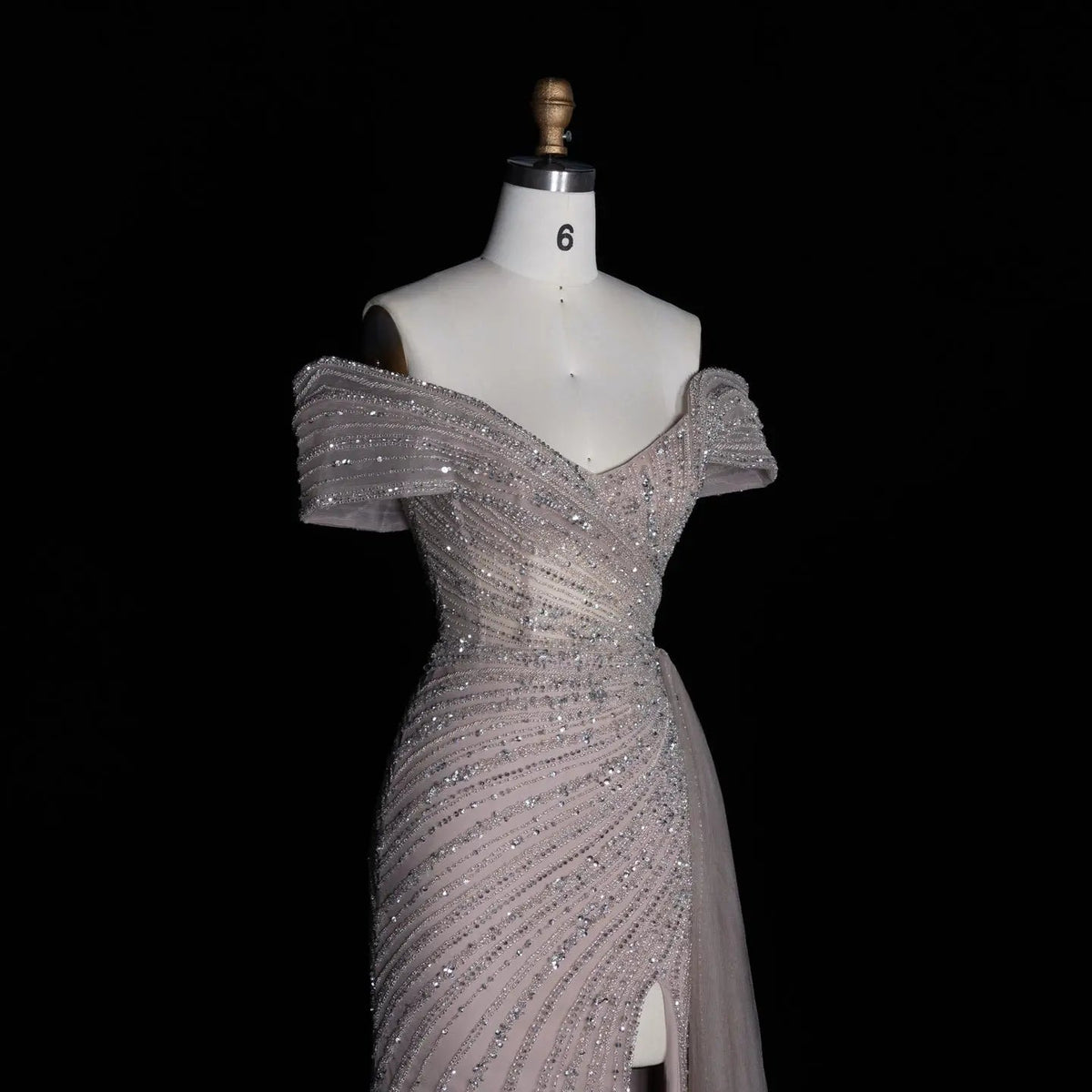 Luxury Champagne Sequin Off-the-Shoulder Evening Dress with High Slit SS007