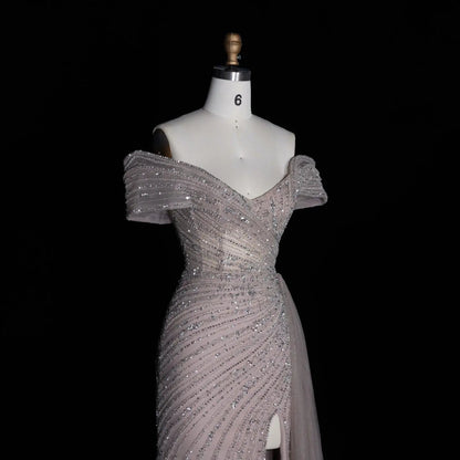 Luxury Champagne Sequin Off-the-Shoulder Evening Dress with High Slit SS007