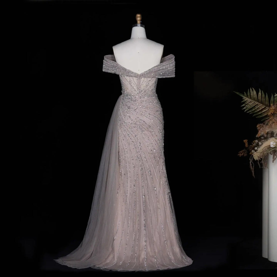 Luxury Champagne Sequin Off-the-Shoulder Evening Dress with High Slit SS007