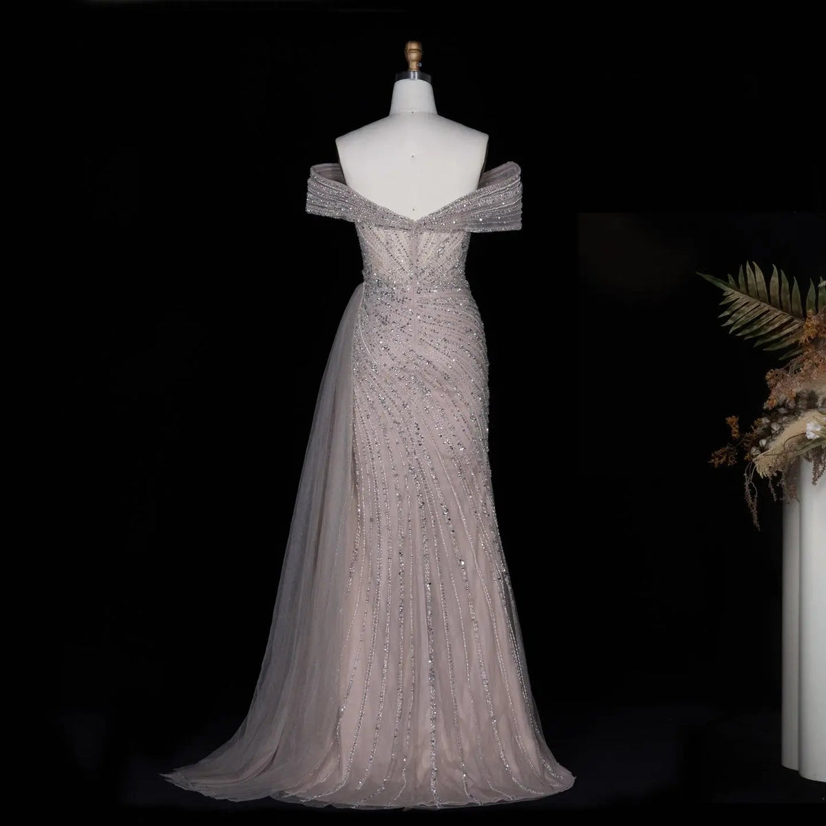 Luxury Champagne Sequin Off-the-Shoulder Evening Dress with High Slit SS007