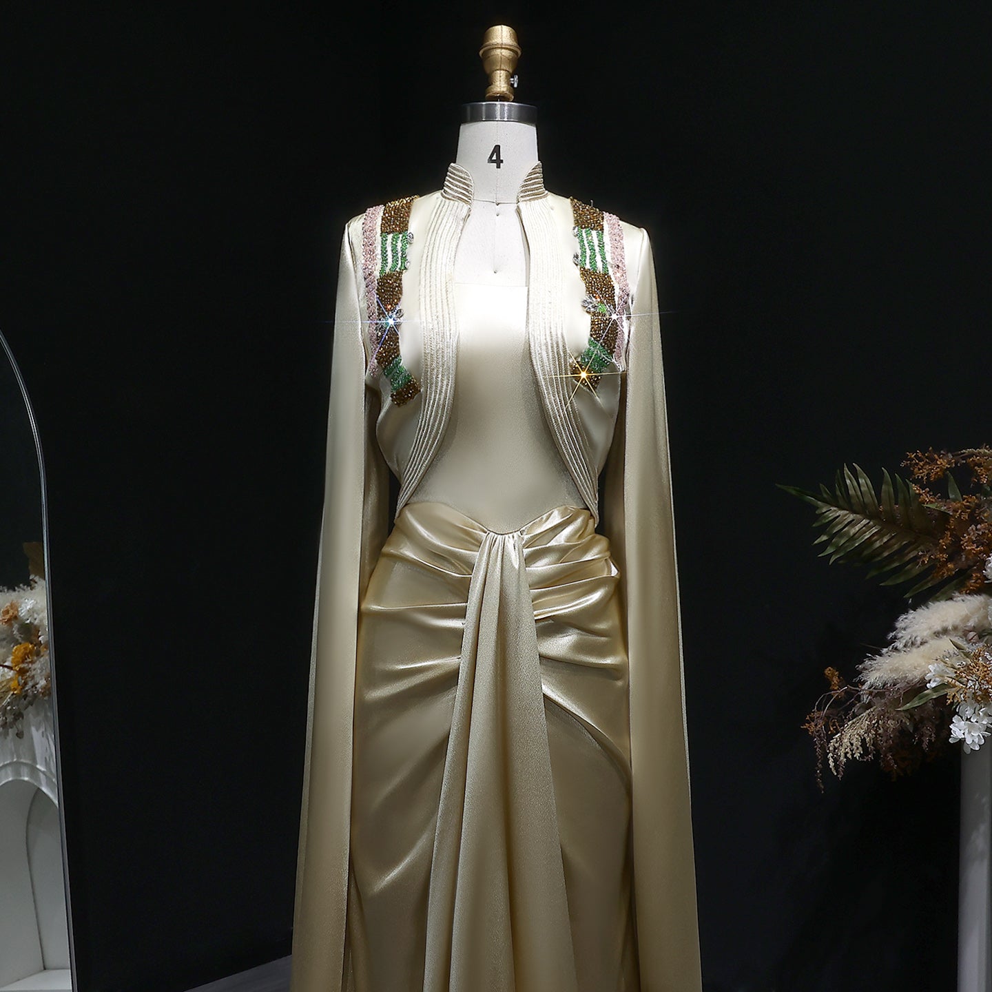 Elegant Beaded Champagne Draped Evening Dress with Cape SF198