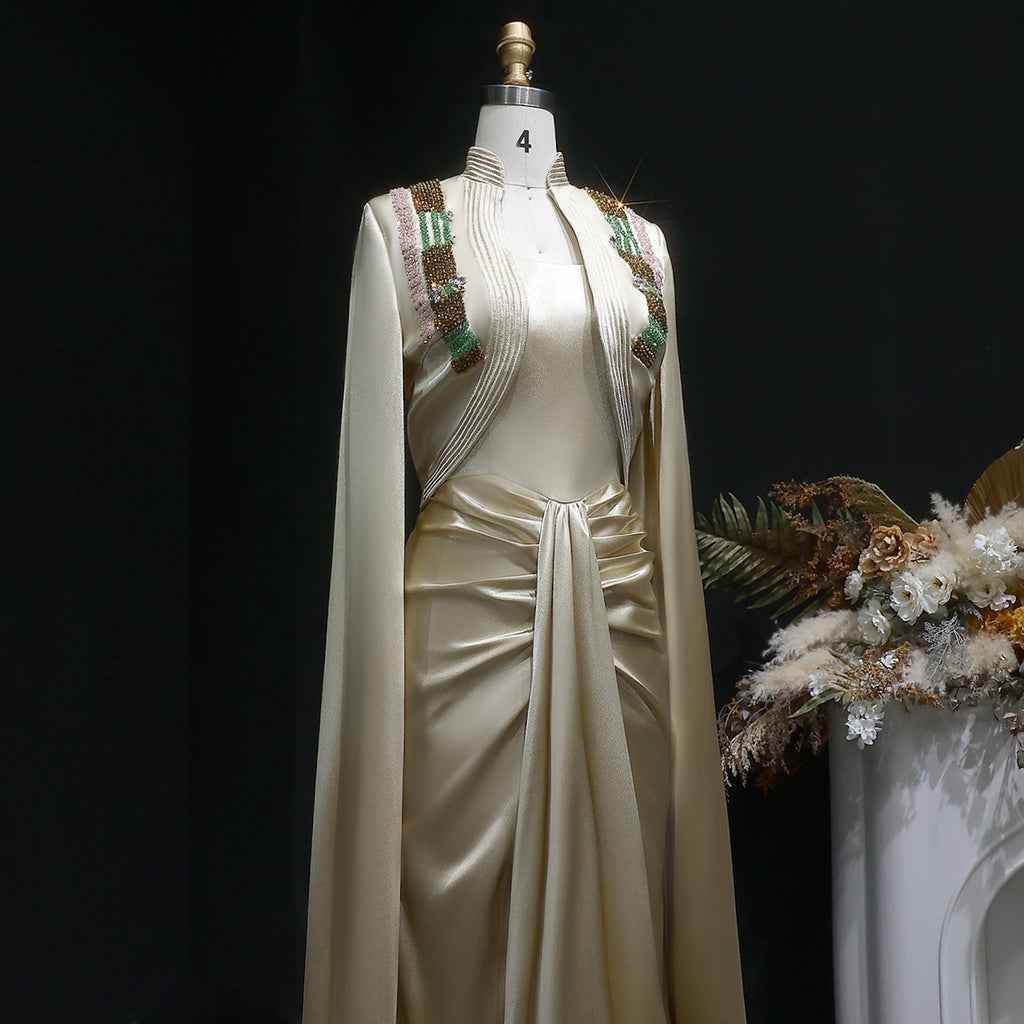 Elegant Beaded Champagne Draped Evening Dress with Cape SF198