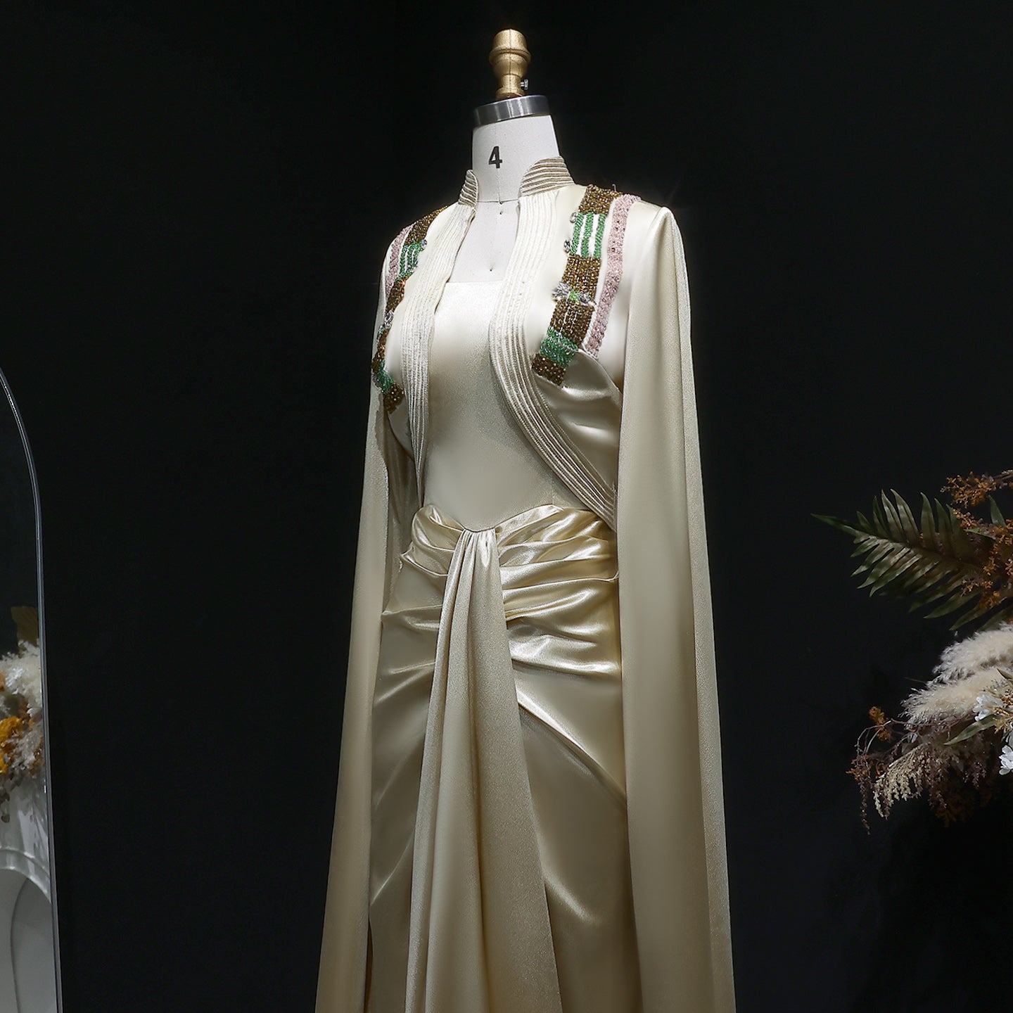Elegant Beaded Champagne Draped Evening Dress with Cape SF198