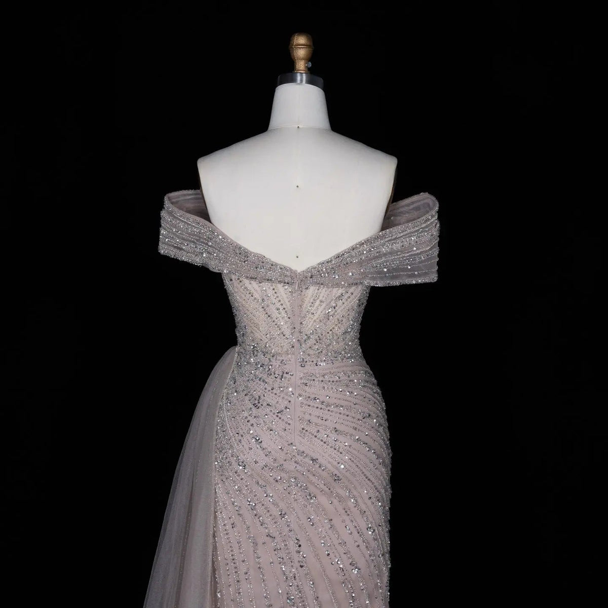 Luxury Champagne Sequin Off-the-Shoulder Evening Dress with High Slit SS007