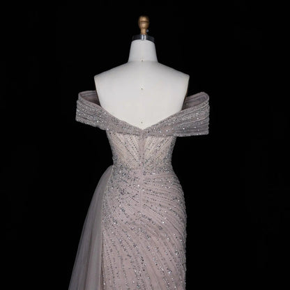 Luxury Champagne Sequin Off-the-Shoulder Evening Dress with High Slit SS007