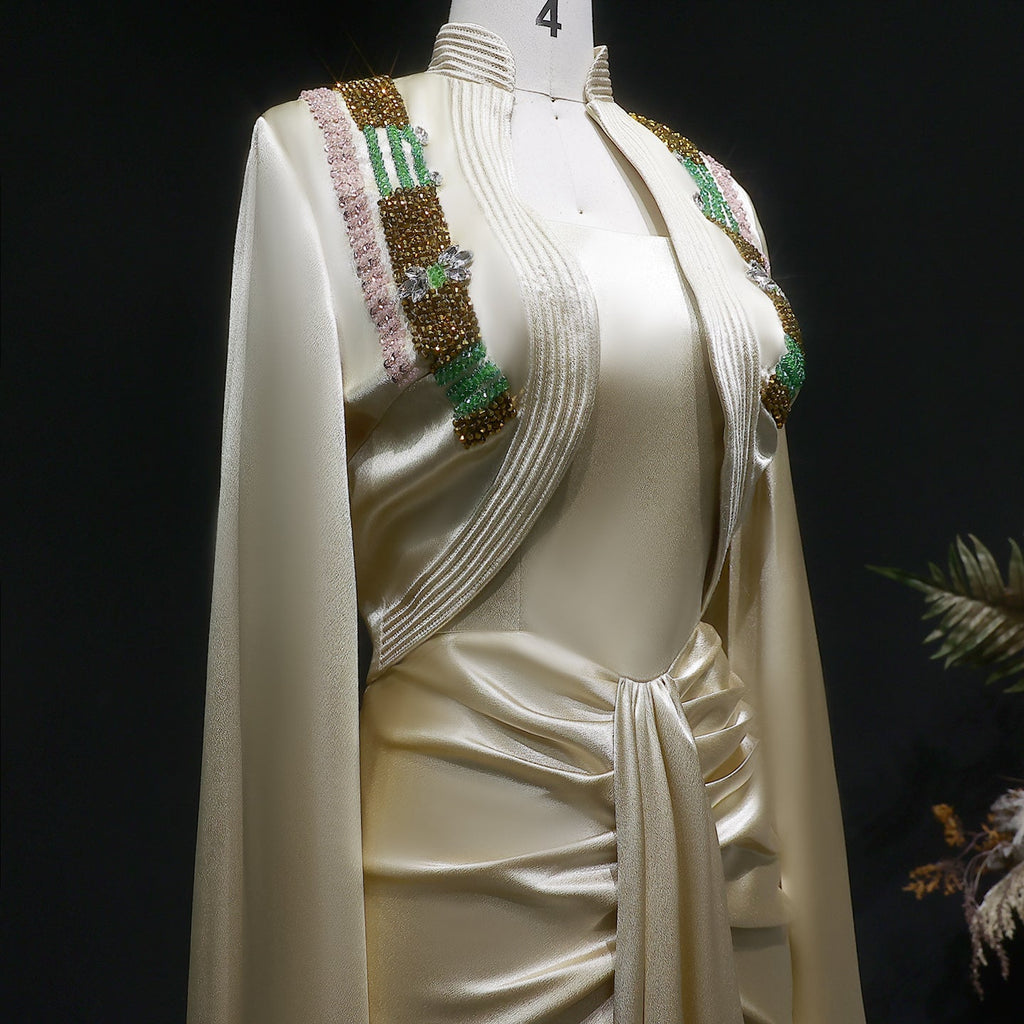 Elegant Beaded Champagne Draped Evening Dress with Cape SF198
