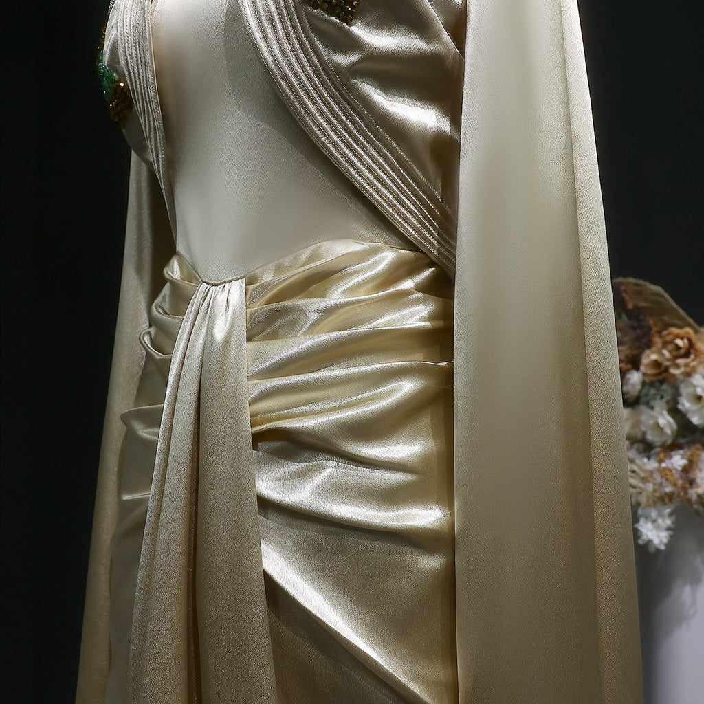 Elegant Beaded Champagne Draped Evening Dress with Cape SF198
