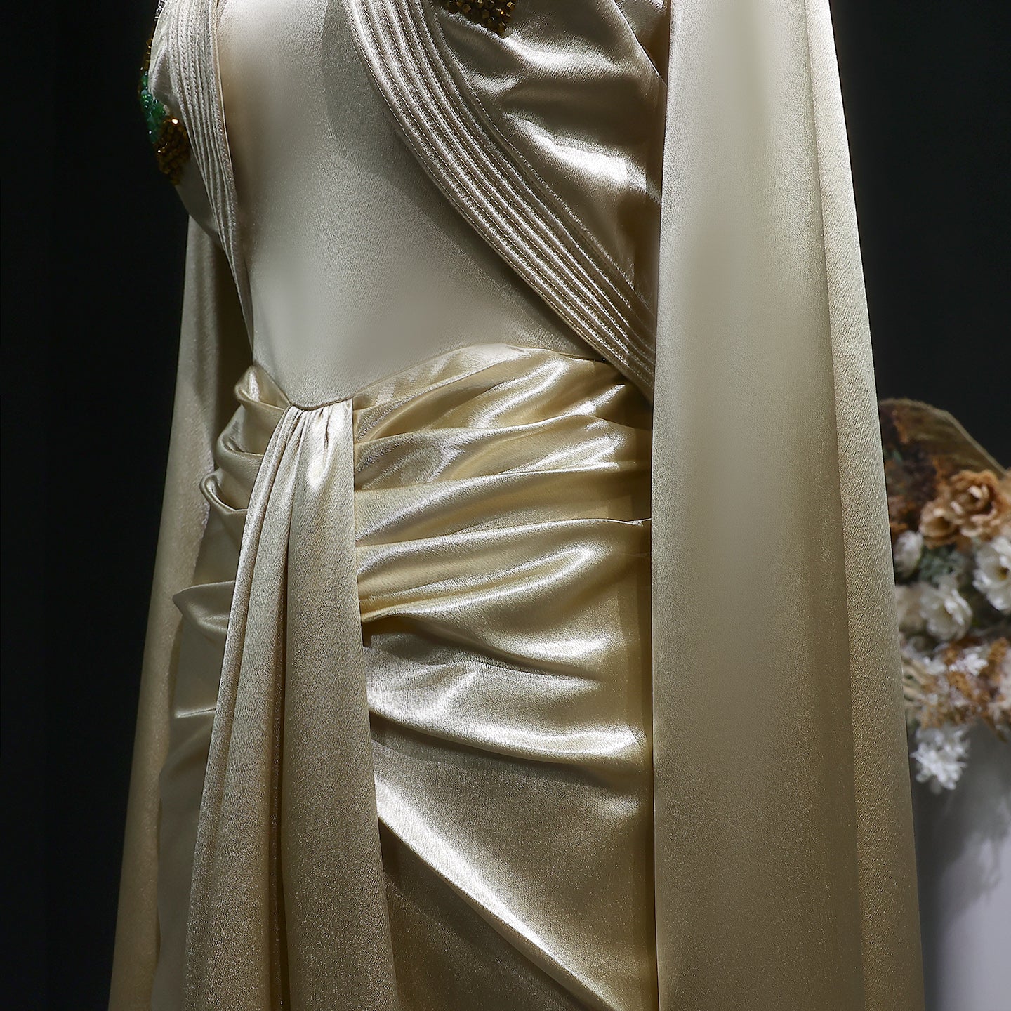 Elegant Beaded Champagne Draped Evening Dress with Cape SF198