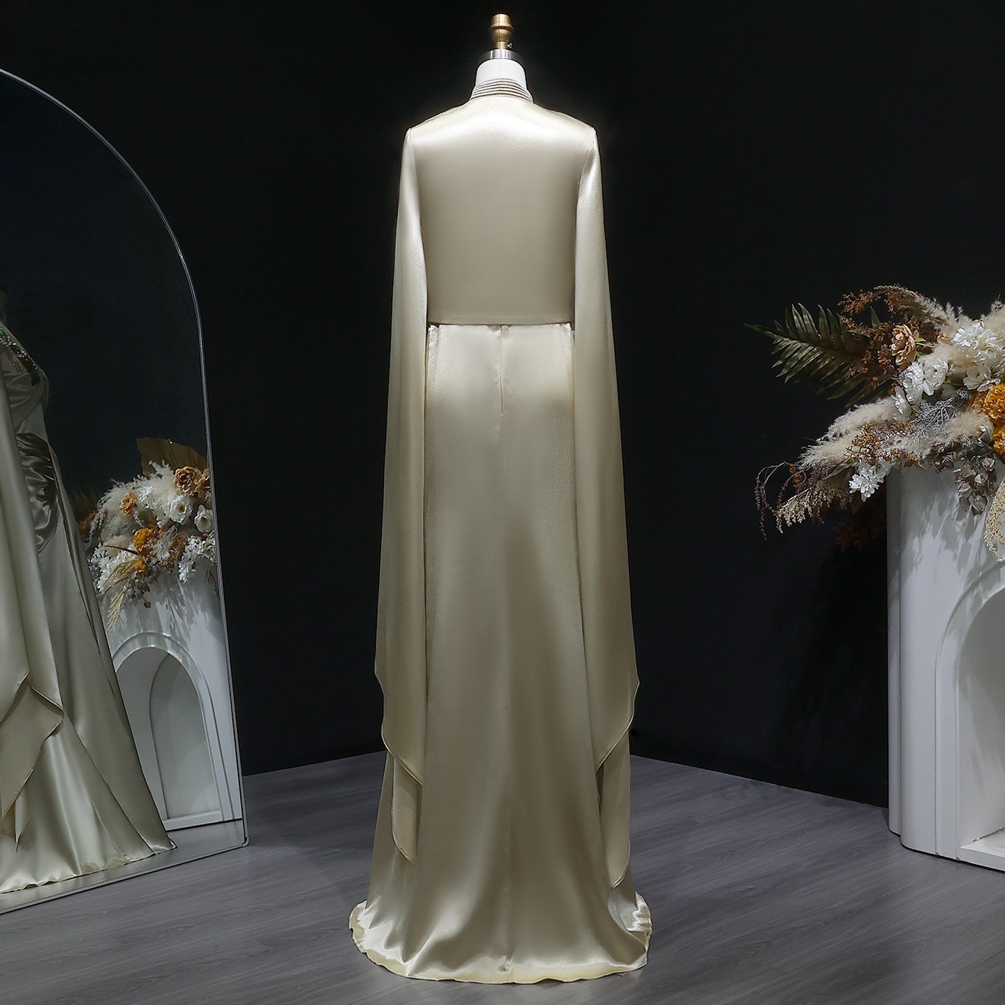 Elegant Beaded Champagne Draped Evening Dress with Cape SF198