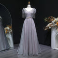 Elegant Lavender Crystal Beaded V-Neck Fringe Sleeve Evening Dress SS199