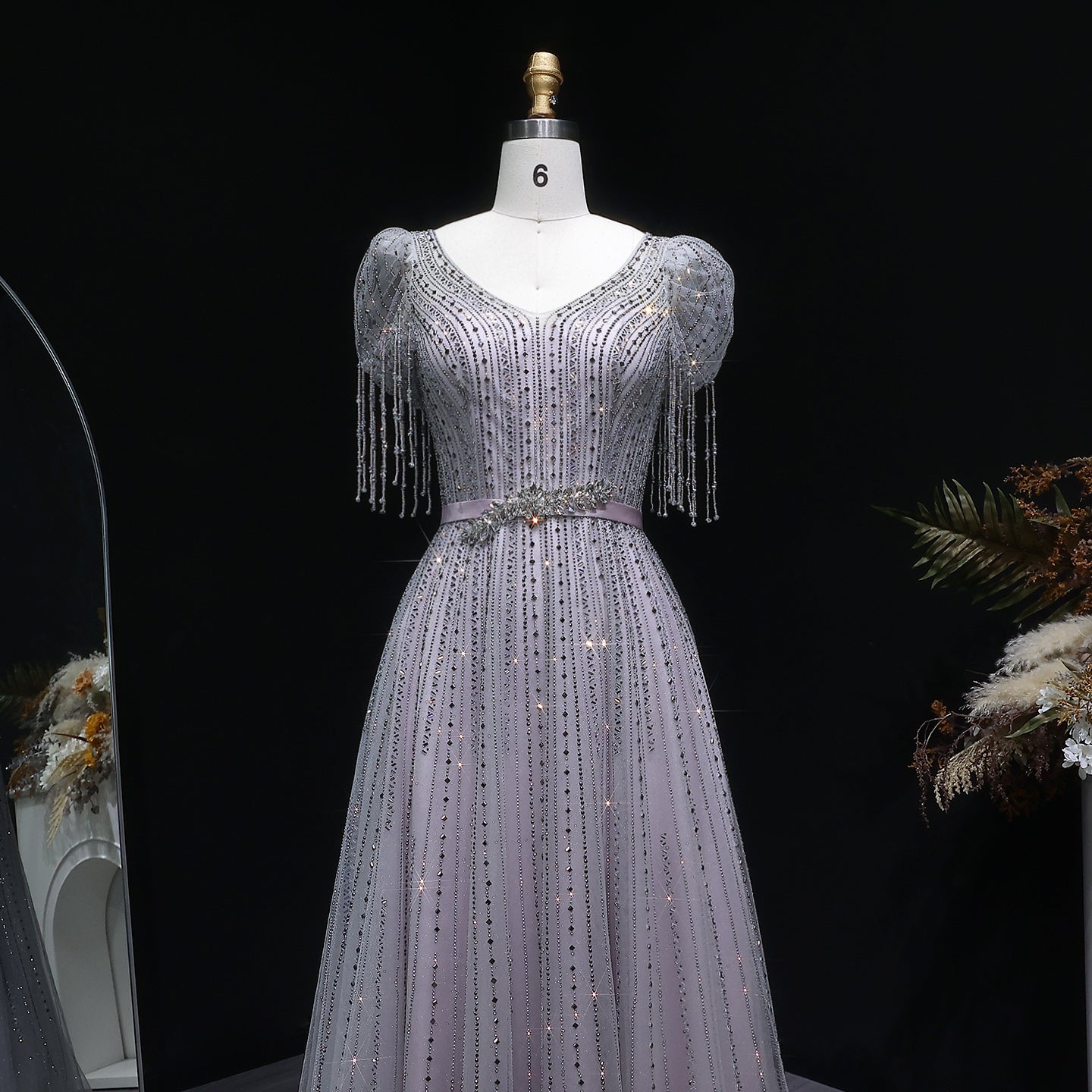 Elegant Lavender Crystal Beaded V-Neck Fringe Sleeve Evening Dress SS199