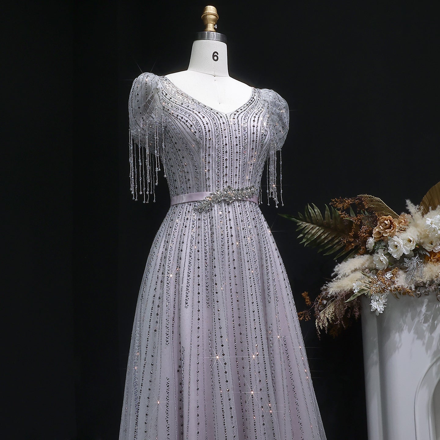 Elegant Lavender Crystal Beaded V-Neck Fringe Sleeve Evening Dress SS199