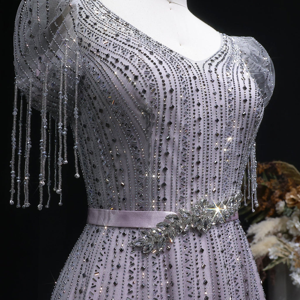 Elegant Lavender Crystal Beaded V-Neck Fringe Sleeve Evening Dress SS199