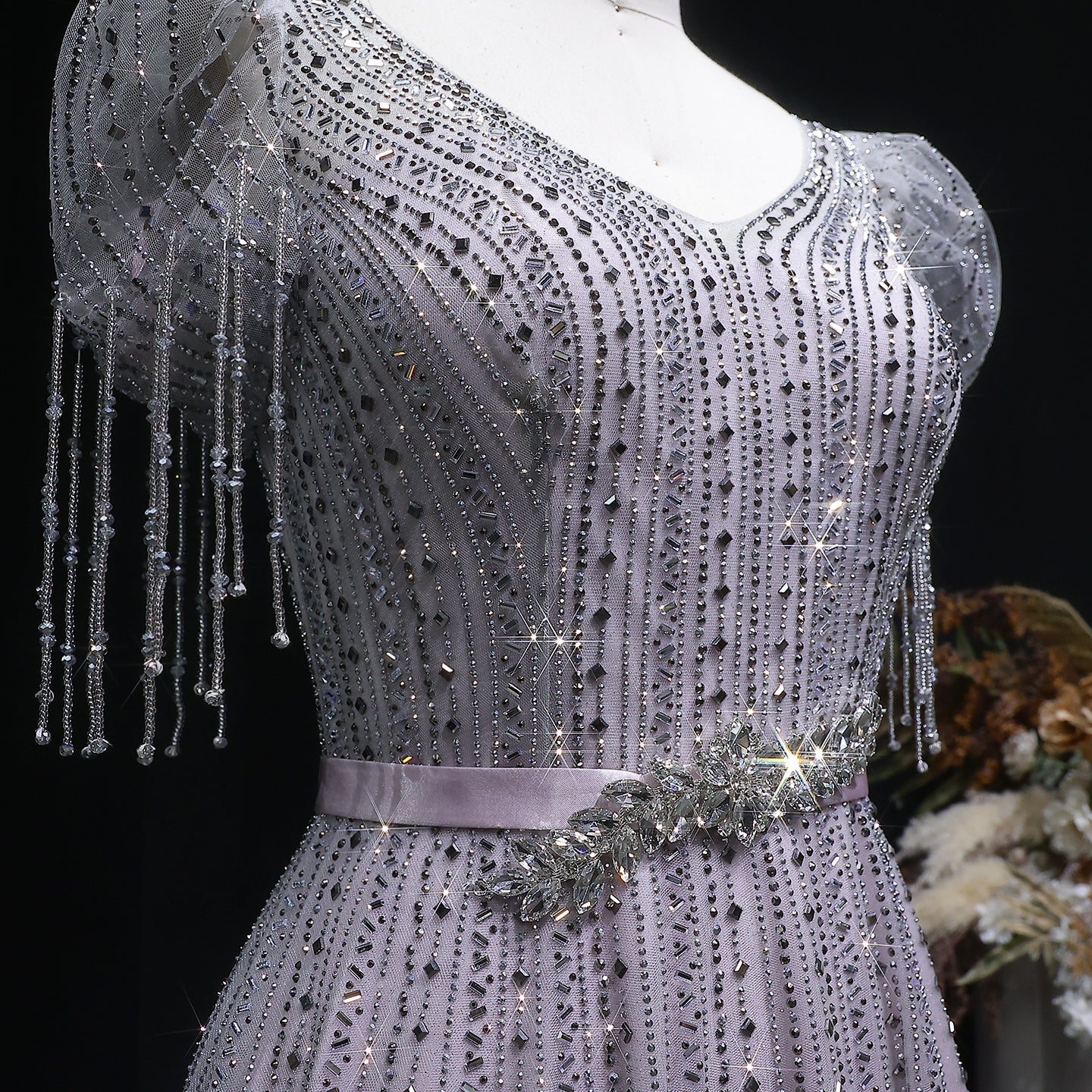 Elegant Lavender Crystal Beaded V-Neck Fringe Sleeve Evening Dress SS199