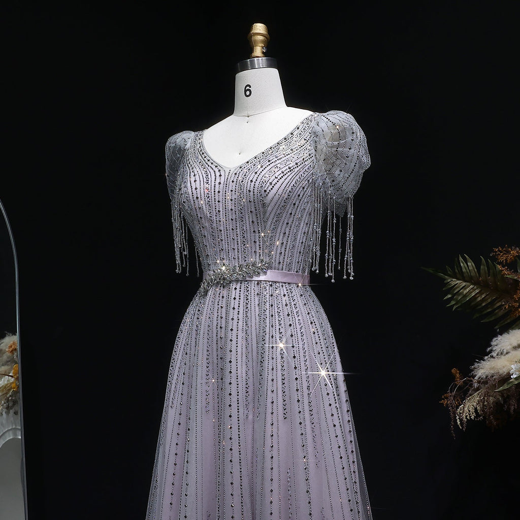 Elegant Lavender Crystal Beaded V-Neck Fringe Sleeve Evening Dress SS199