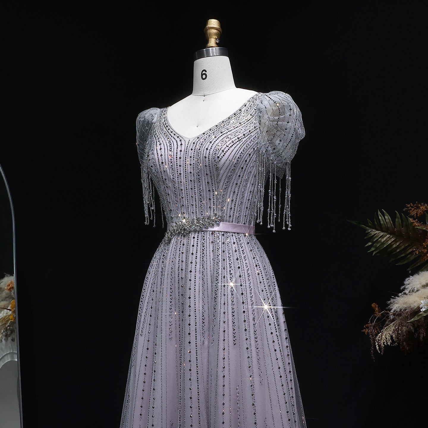 Elegant Lavender Crystal Beaded V-Neck Fringe Sleeve Evening Dress SS199