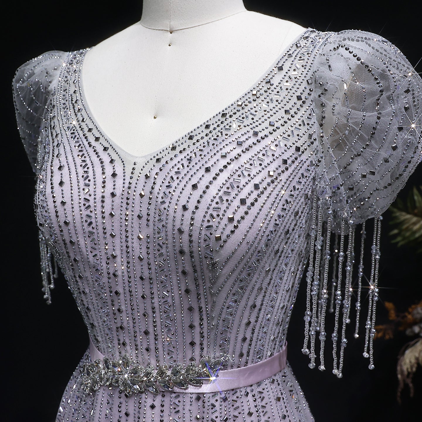 Elegant Lavender Crystal Beaded V-Neck Fringe Sleeve Evening Dress SS199