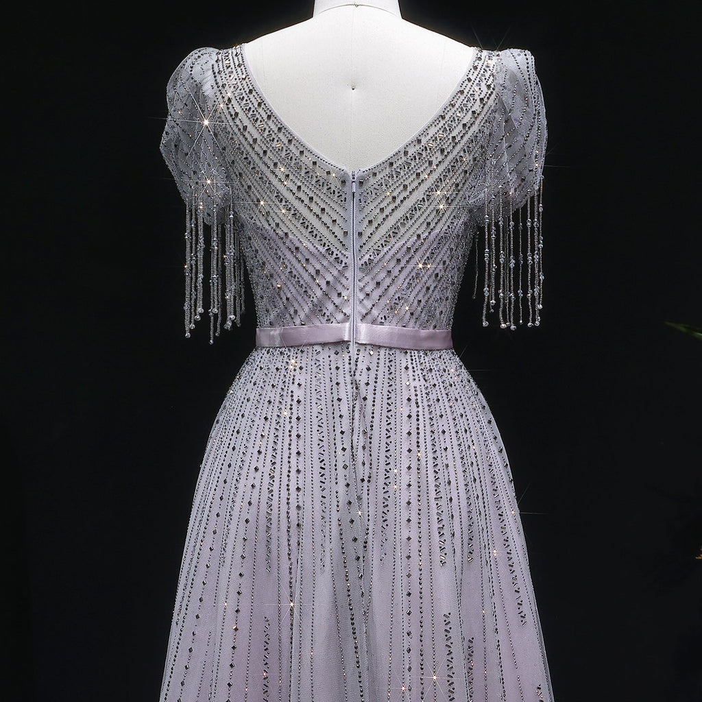 Elegant Lavender Crystal Beaded V-Neck Fringe Sleeve Evening Dress SS199