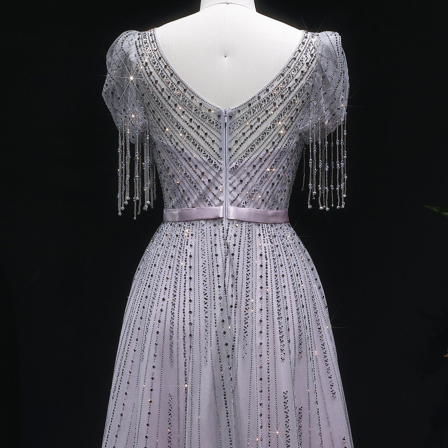 Elegant Lavender Crystal Beaded V-Neck Fringe Sleeve Evening Dress SS199