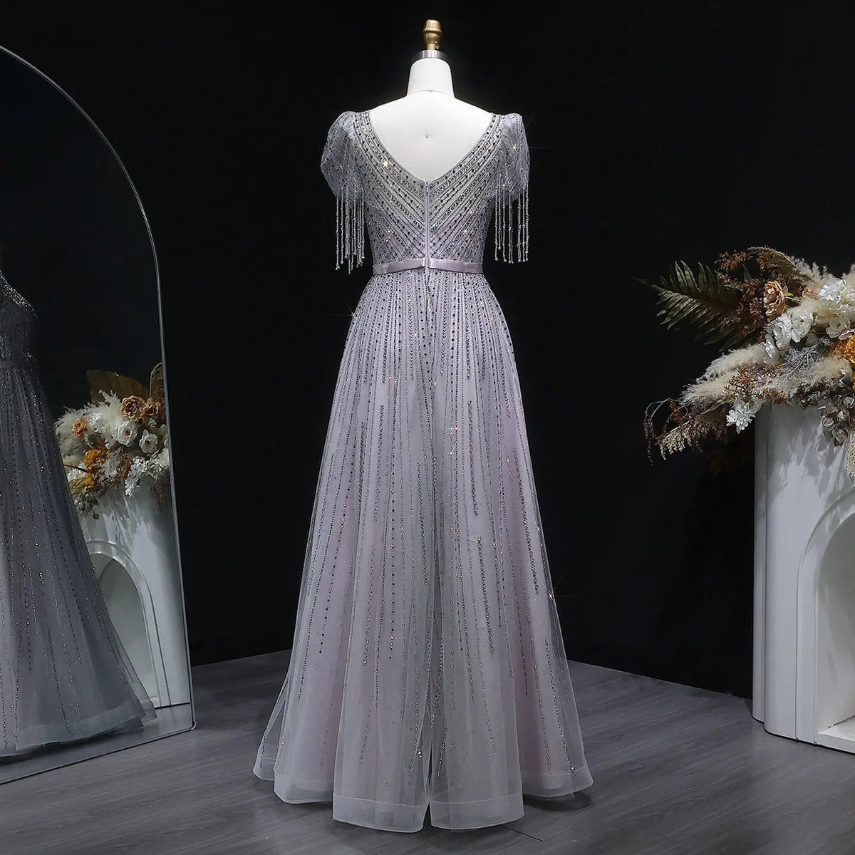 Vintage Lavender Beaded Crystal V-Neck Fringe Sleeve Evening Dress SS199