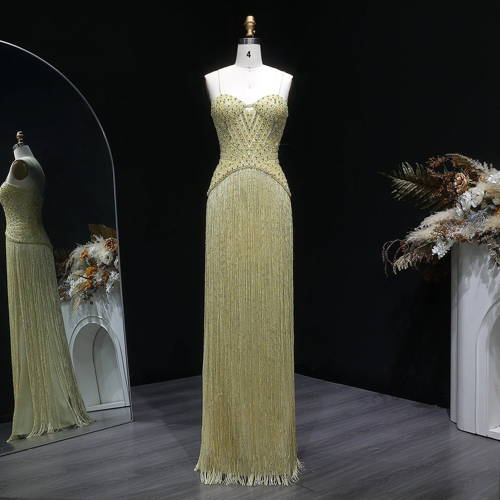 Luxury Yellow Beaded Tassel Formal Mermaid Evening Dress SS522