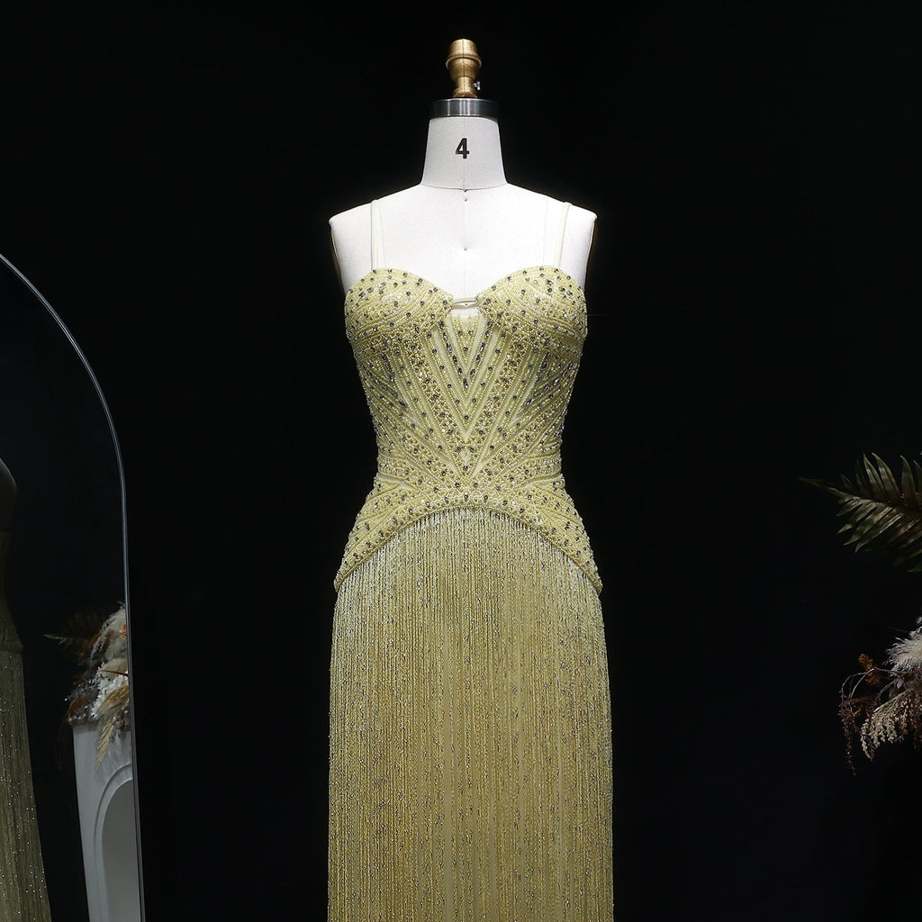Luxury Yellow Beaded Tassel Formal Mermaid Evening Dress SS522