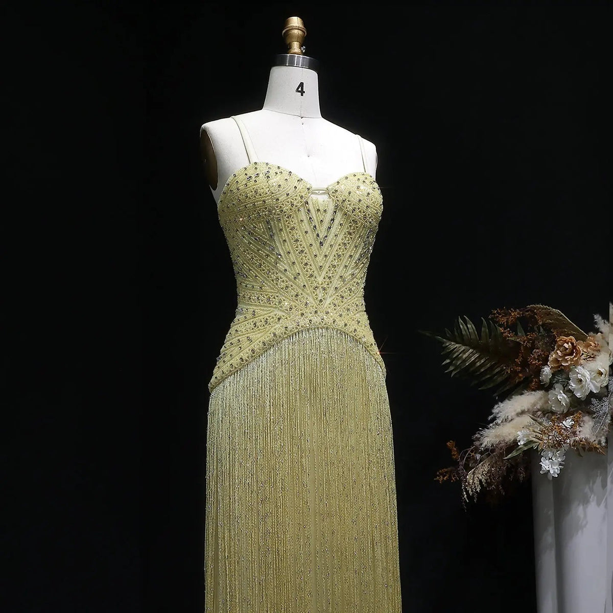 Luxury Yellow Spaghetti Strap Beaded Tassel Mermaid Evening Dress SS522