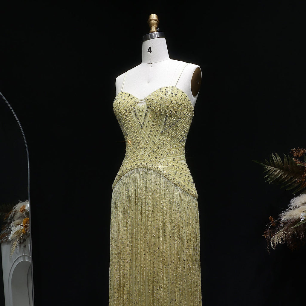 Luxury Yellow Beaded Tassel Formal Mermaid Evening Dress SS522