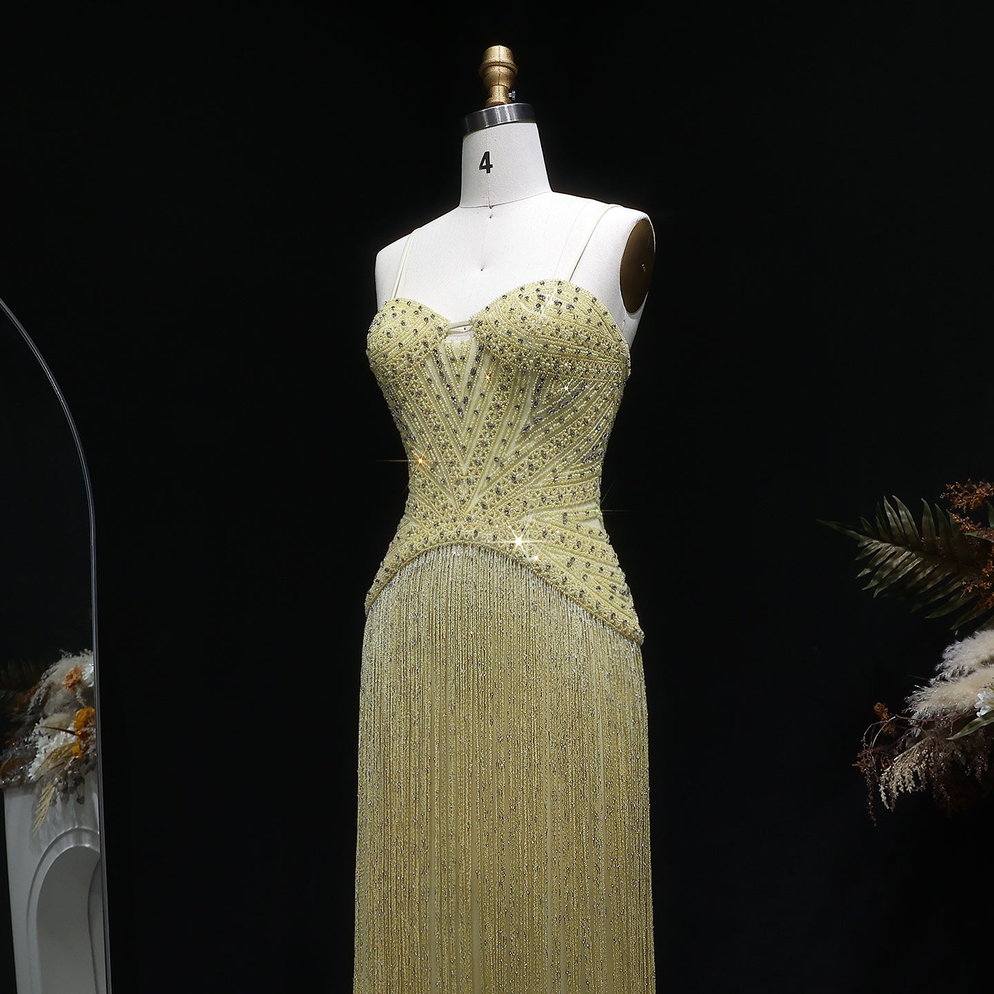 Luxury Yellow Beaded Tassel Formal Mermaid Evening Dress SS522
