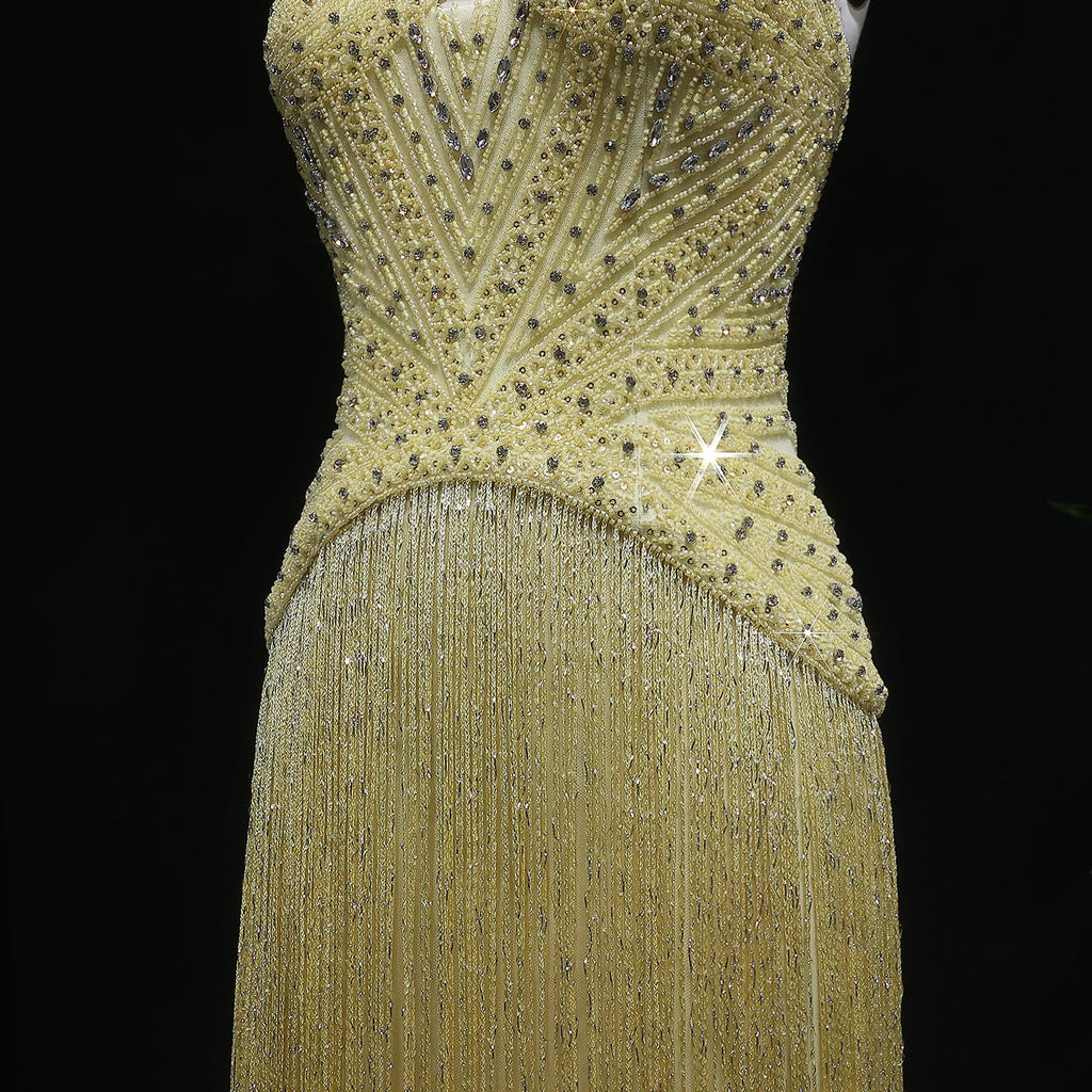 Luxury Yellow Beaded Tassel Formal Mermaid Evening Dress SS522