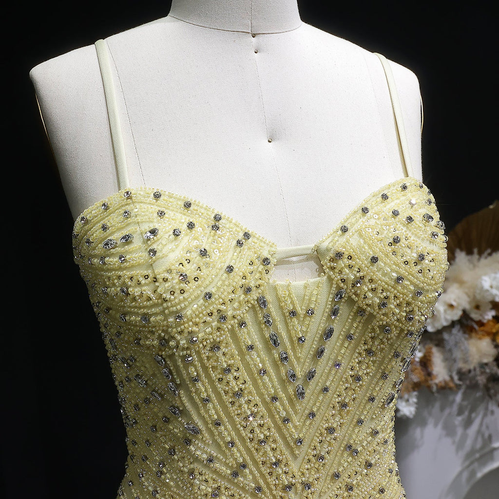 Luxury Yellow Beaded Tassel Formal Mermaid Evening Dress SS522