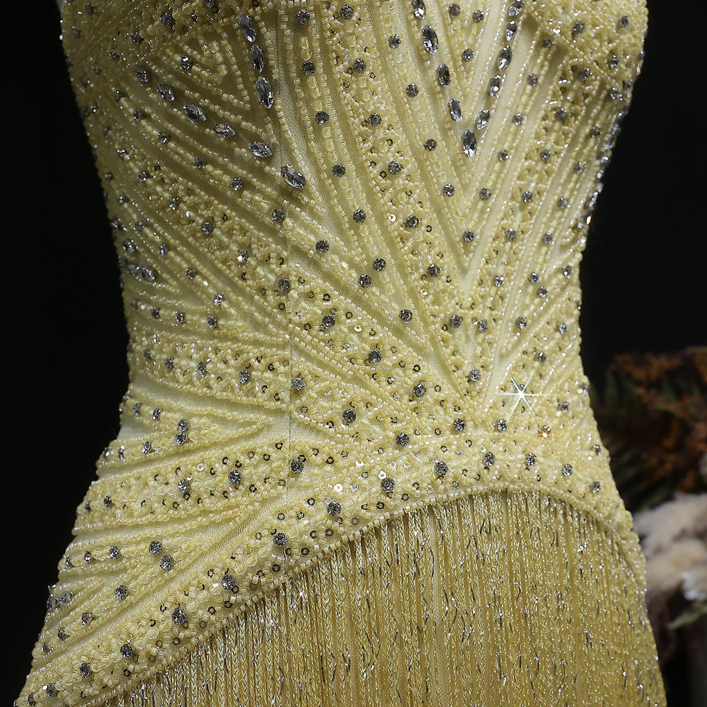 Luxury Yellow Beaded Tassel Formal Mermaid Evening Dress SS522