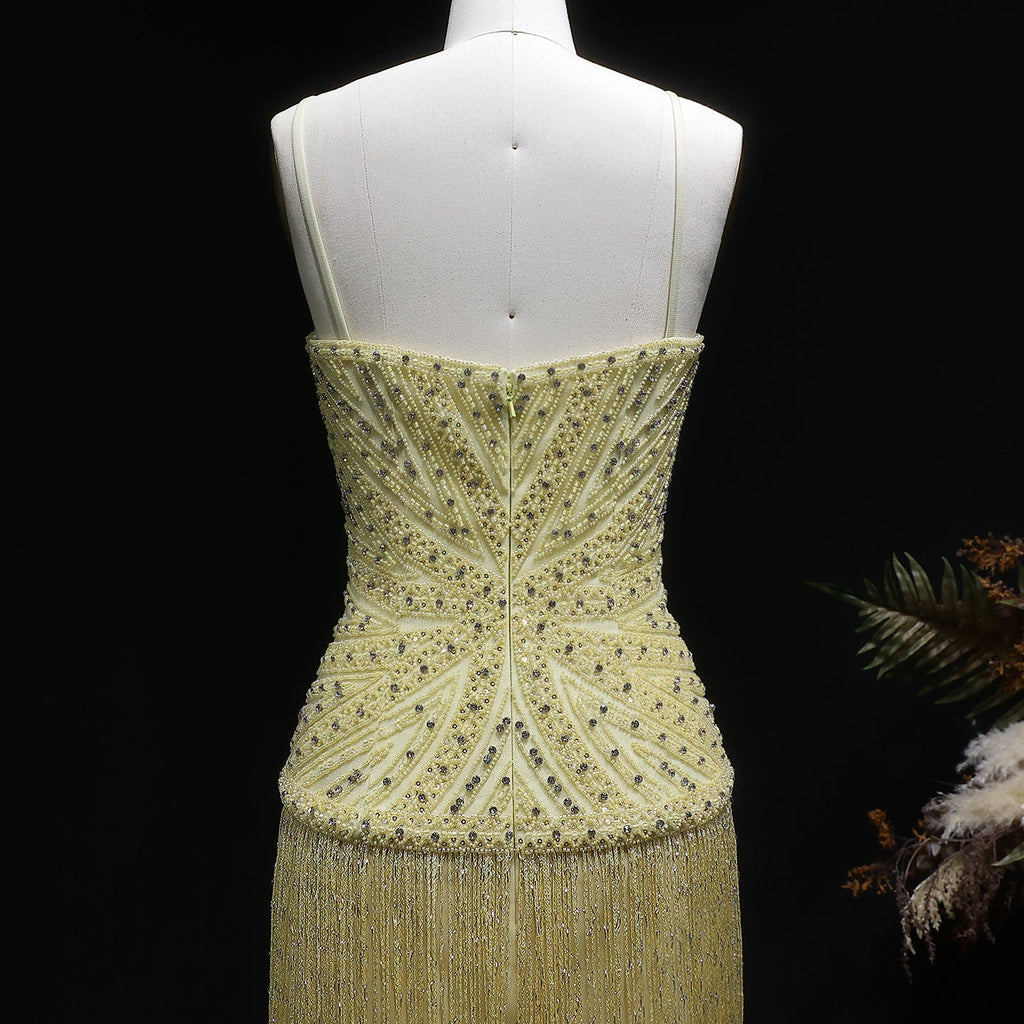 Luxury Yellow Beaded Tassel Formal Mermaid Evening Dress SS522