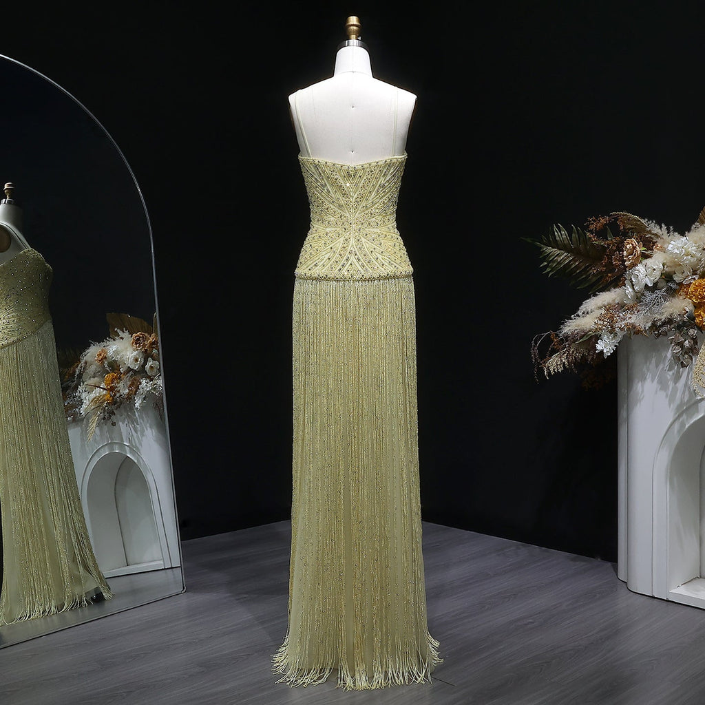Luxury Yellow Beaded Tassel Formal Mermaid Evening Dress SS522