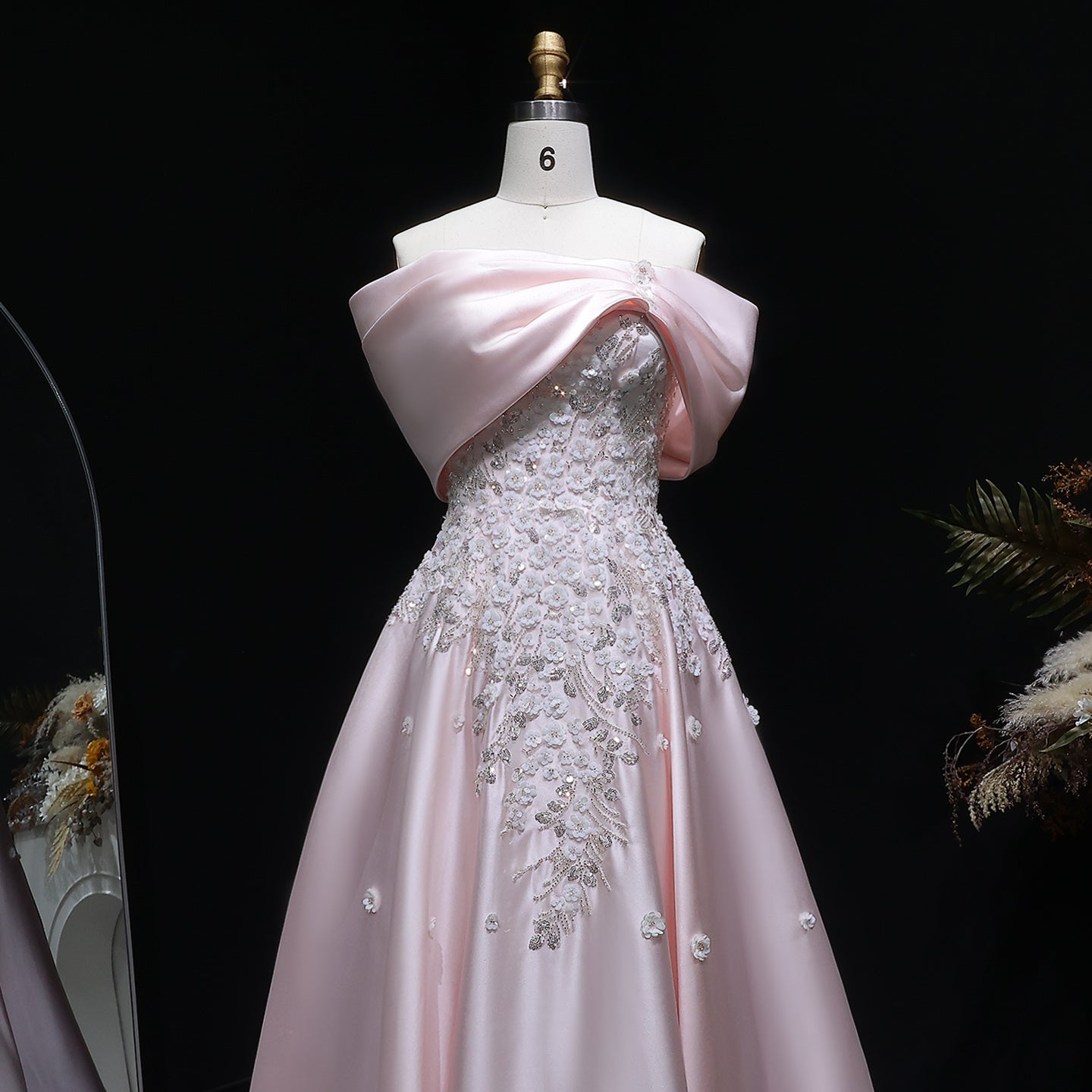 Luxury Pink 3D Floral Satin Sequin Embroidered Evening Dress XD032
