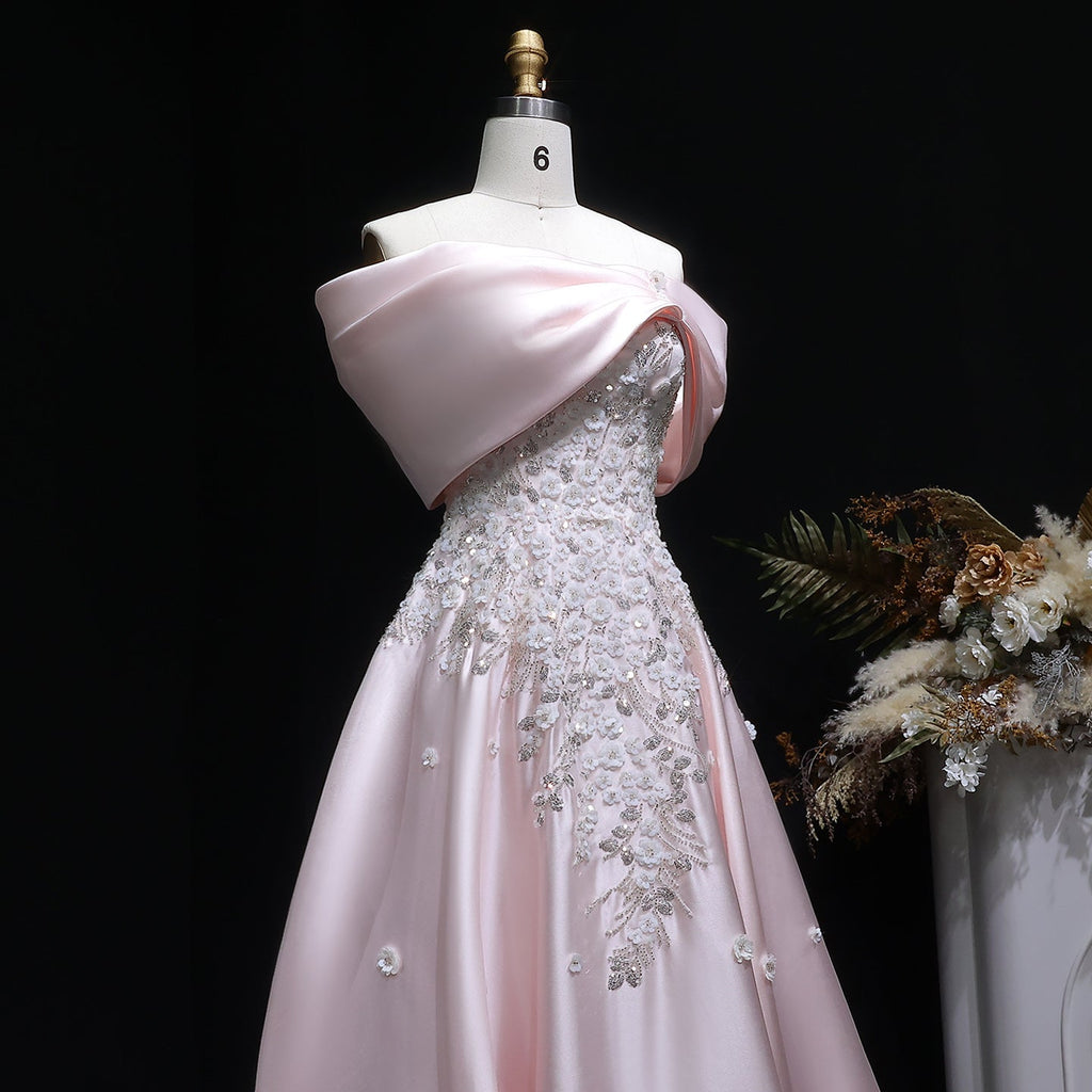 Luxury Pink 3D Floral Satin Sequin Embroidered Evening Dress XD032