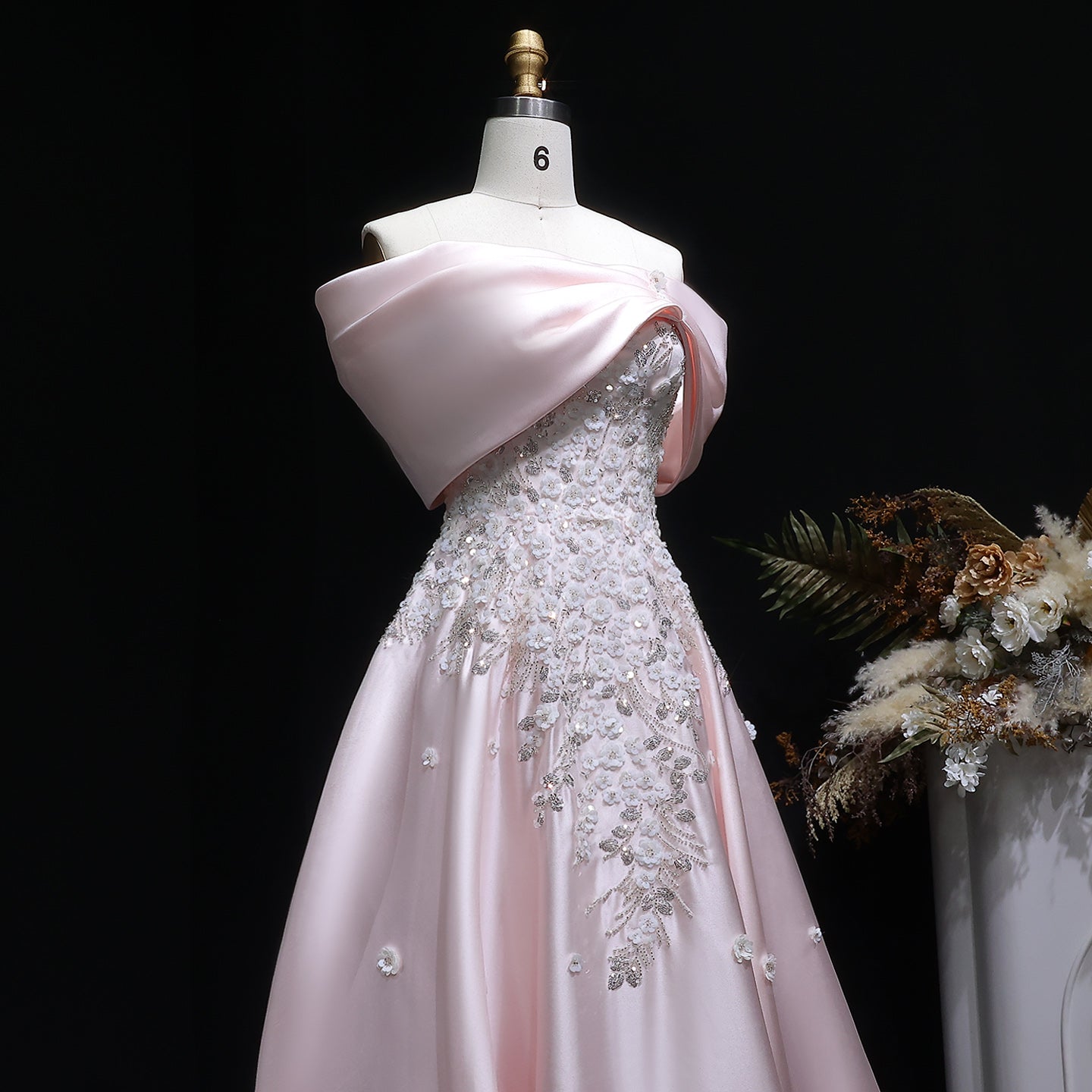 Luxury Pink 3D Floral Satin Sequin Embroidered Evening Dress XD032